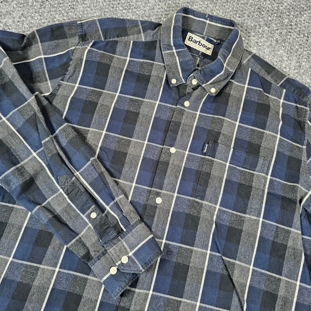 Barbour Tailored Fit Plaid Button Down Shirt Blue Grey White Men Size L